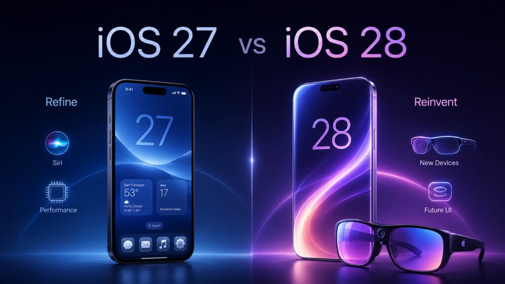 iOS 27 vs iOS 28 comparison showing refine versus reinvent