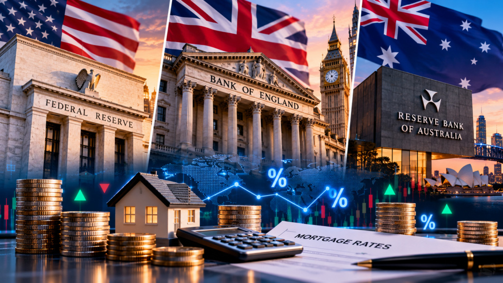 Federal Reserve, Bank of England and Reserve Bank of Australia interest rate decisions and their impact on mortgage rates.